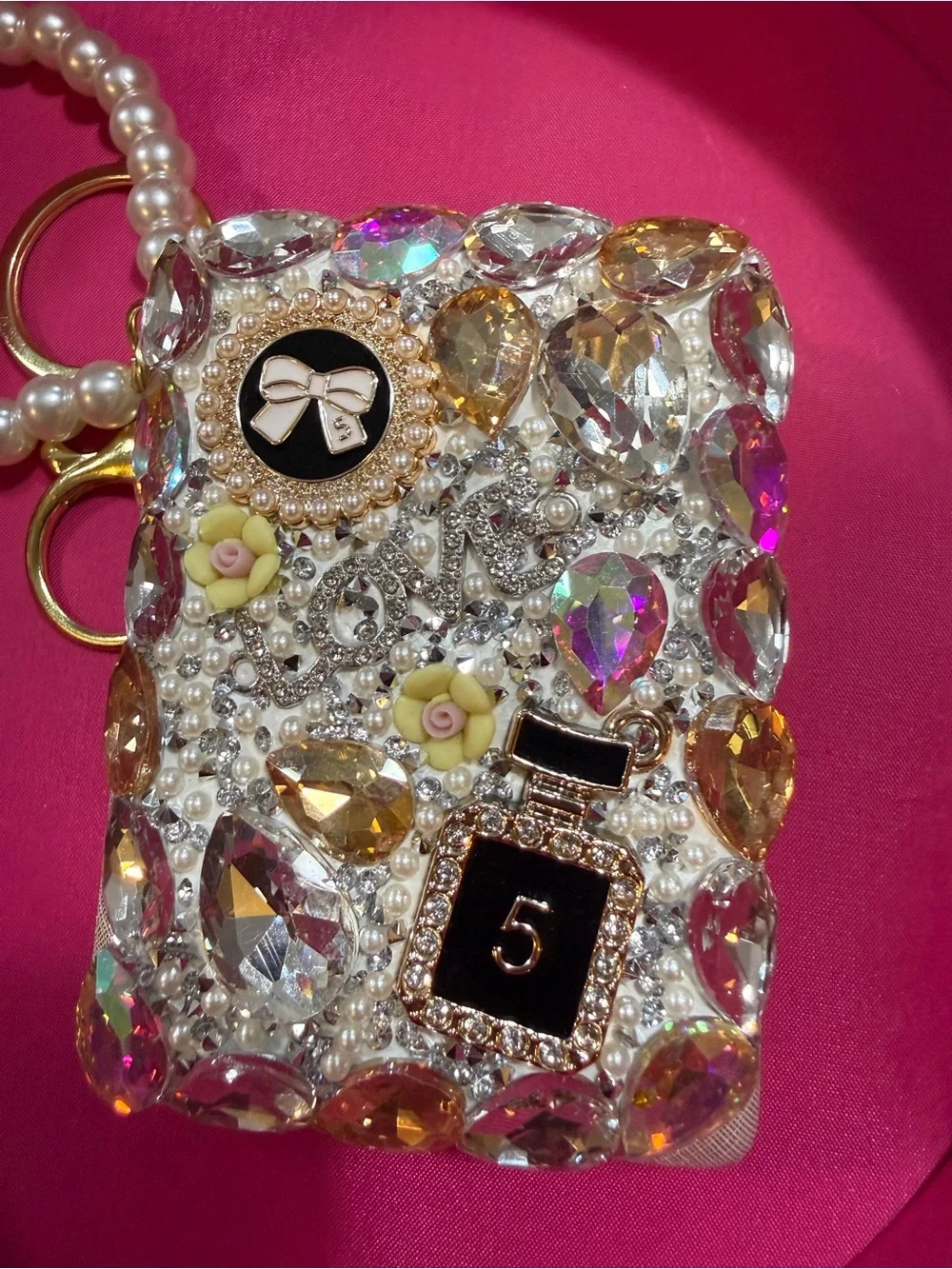 Bejeweled Pearl Wristlet Phone Case - Pink Mirror